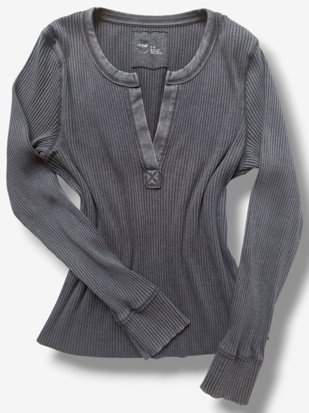 Aerie Fireside Ribbed Long Sleeve Top Gray Split Neck Henley Fitted Size XL